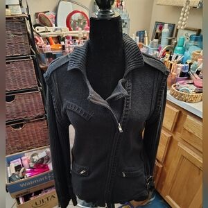 Vintage 90s Moto Black Zipper Sweater/ Buckle Sides_ Flared Sleeves / SZ Med/